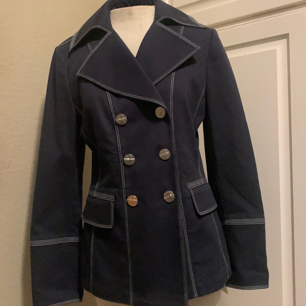St. John Sport Nautical Blue Blazer Silver Logo Buttons P Petite
